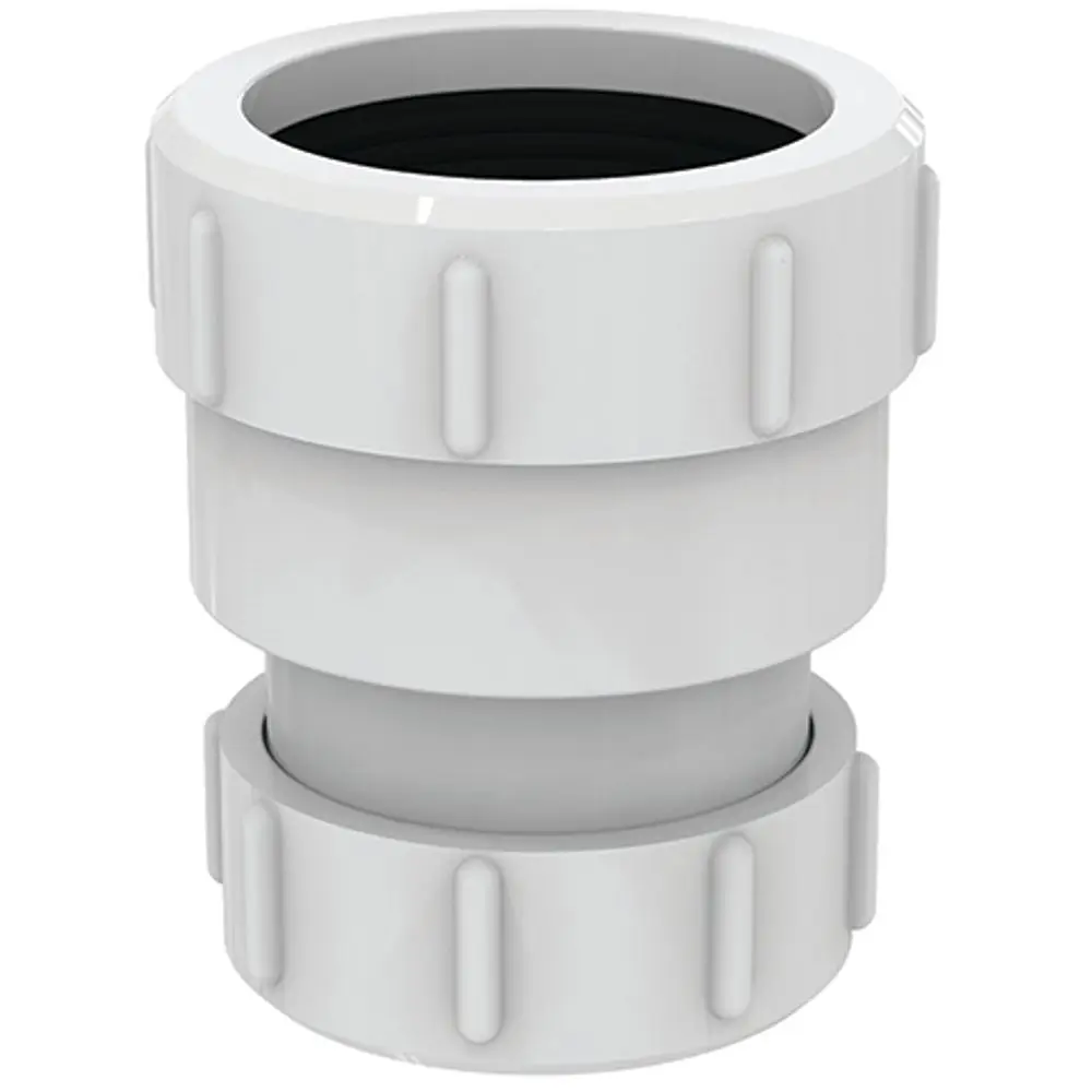 Weißer Adapter von Ideal Standard mit zwei unterschiedlichen Durchmessern, geeignet für Rohrverbindungssysteme, einfache Montage durch Steckverbindung.